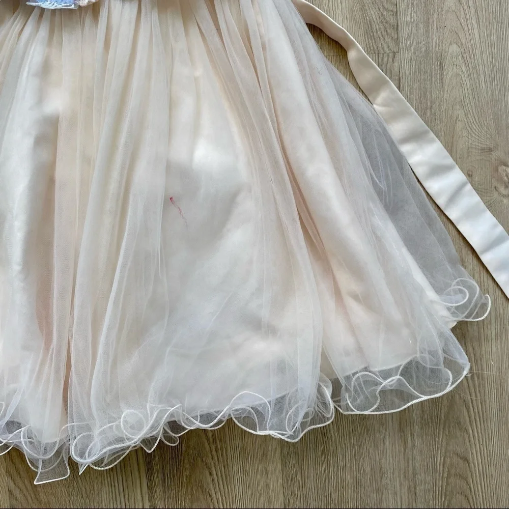 Cielarko Peach & Blue Butterfly Flower Tulle Dress, Satin Top, Size 130 (6/7 Y)